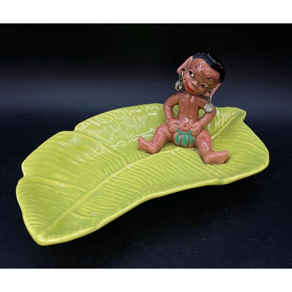 Gilner Pottery Happy Cannibal Native Pixie Elf Dish Banana Leaf